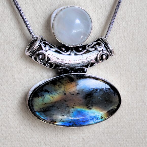 Labradorite Moonstone Decorative Bail Pendant Sterling Necklace Handcrafted NWOT - Picture 5 of 9